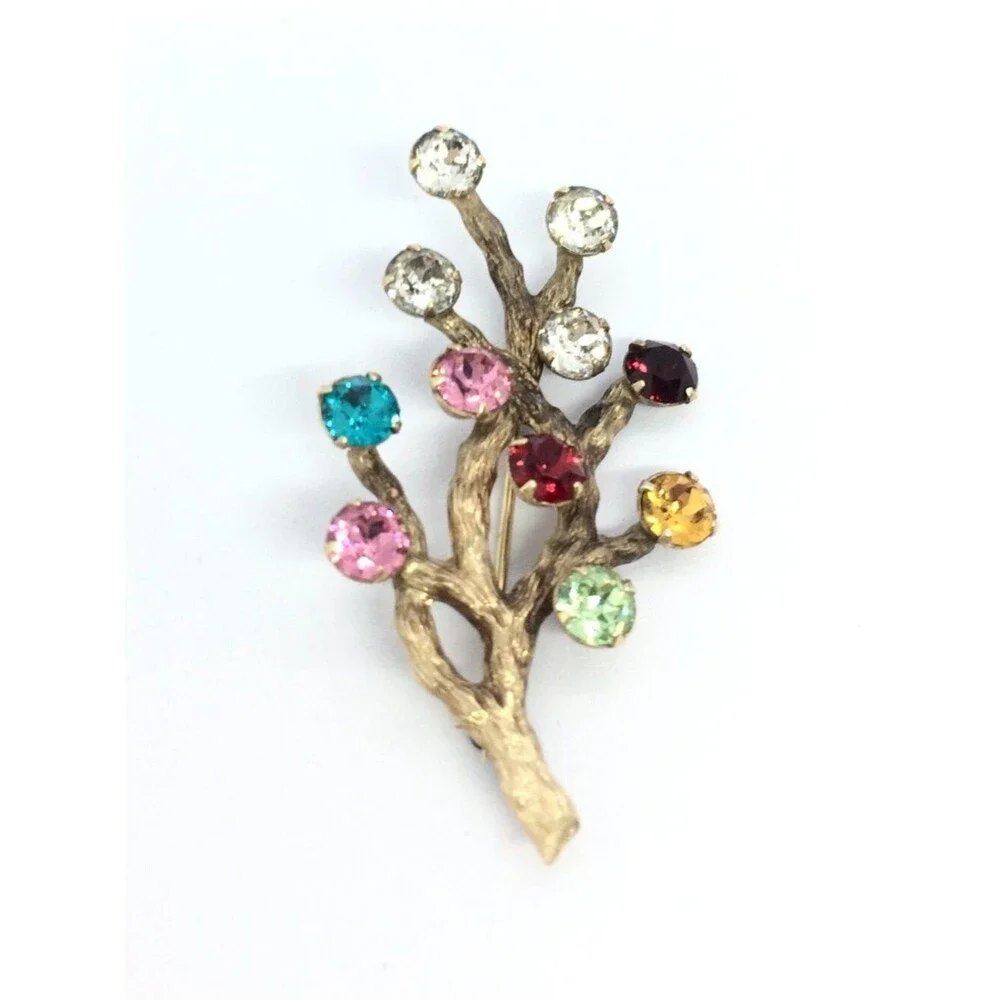 Vintage VAN DELL Brooch 12k Gold Filled Branch Multicolor Rhinestone UV Glow
